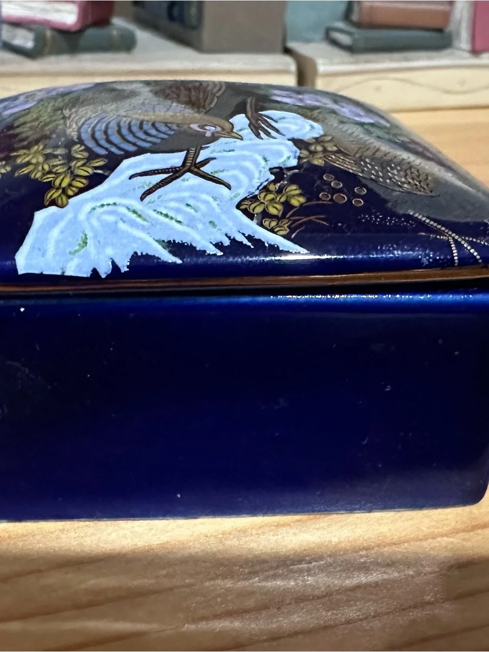 Vintage Cobalt Blue Japanese Pheasant Trinket Box Jewelry Ring antique ceramic
